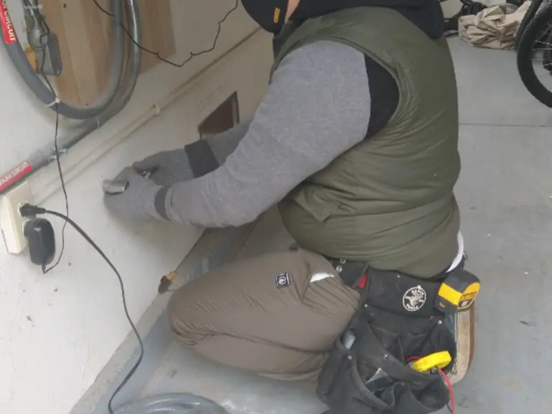 Electrician performing outlet wiring in a Centerton garage
